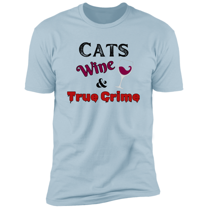 Cats Wine & True Crime T-shirt, Cat shirt for humans, funny cat shirt, in light blue