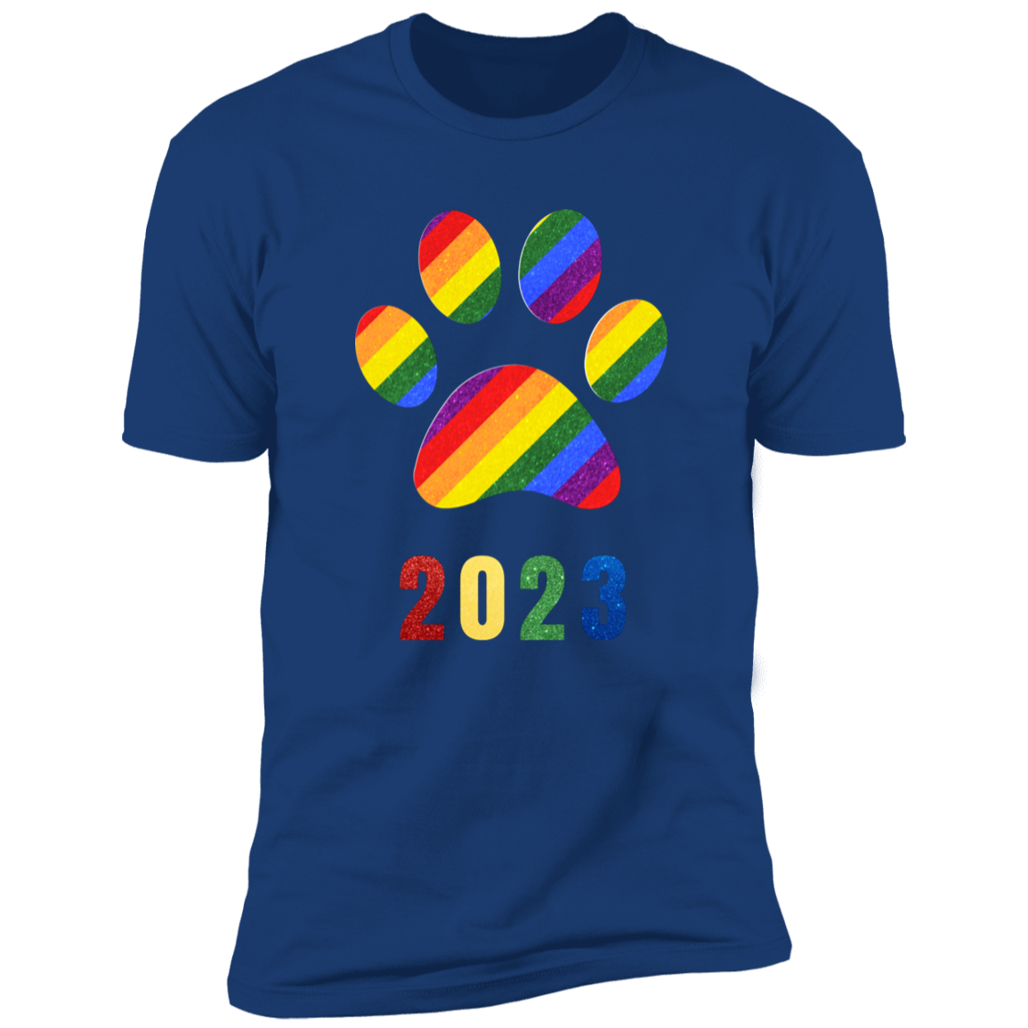 Pride Paw 2023 (Sparkles) Pride T-shirt, Paw Pride Dog Shirt for humans, in royal blue