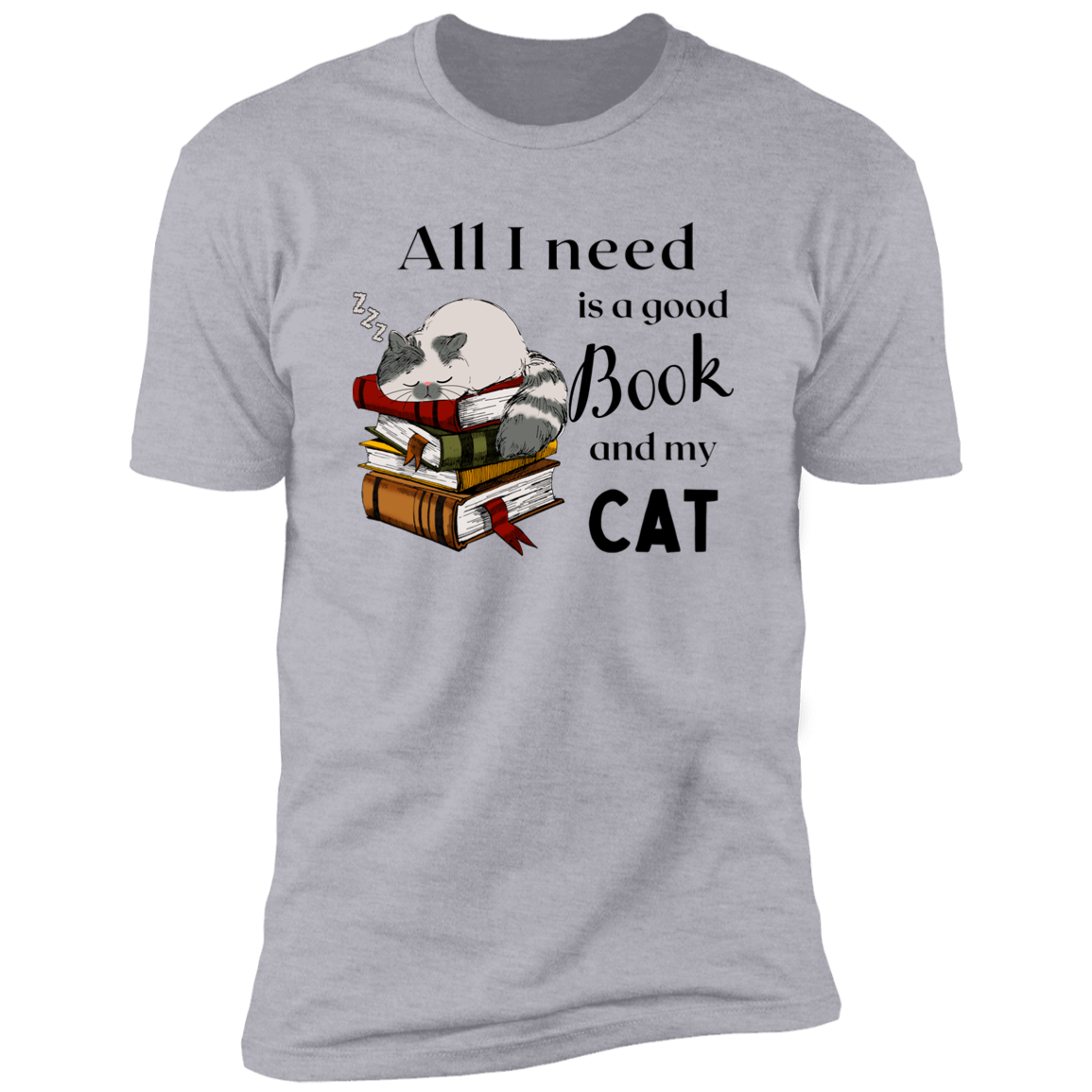 All I Need is a Good Book and My Cat t-shirt for humans, in light heather gray