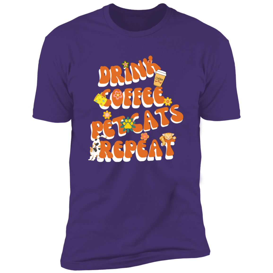 Drink Coffee Pet Cats Repeat T-shirt, Cat t-shirt for humans, in purple rush