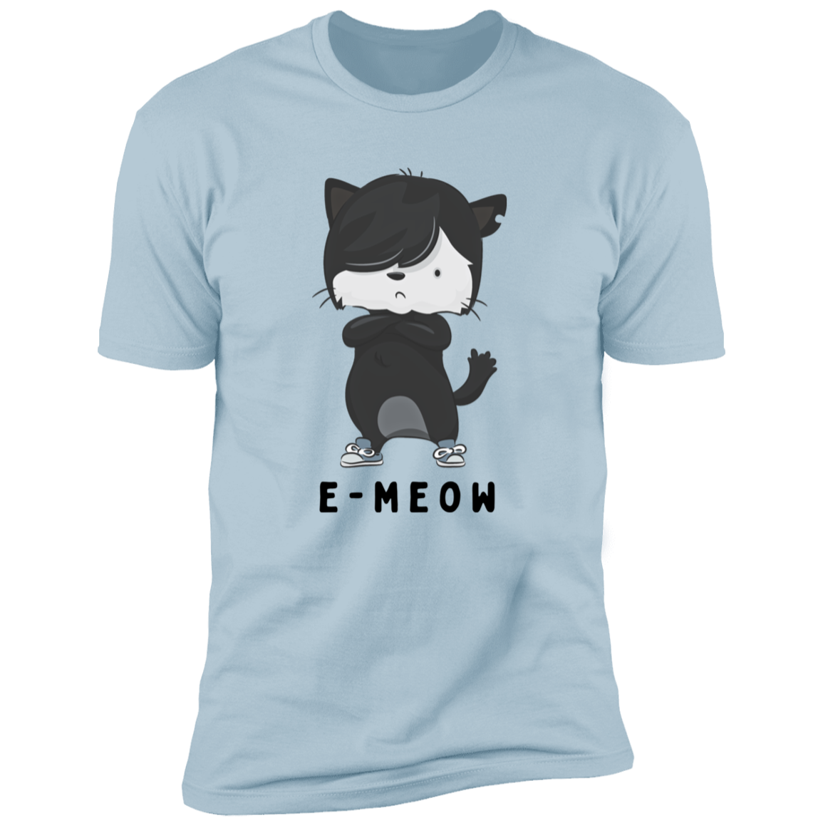 E-meow cat shirt, funny cat shirt for humans, cat mom and cat dad shirt, in little blue