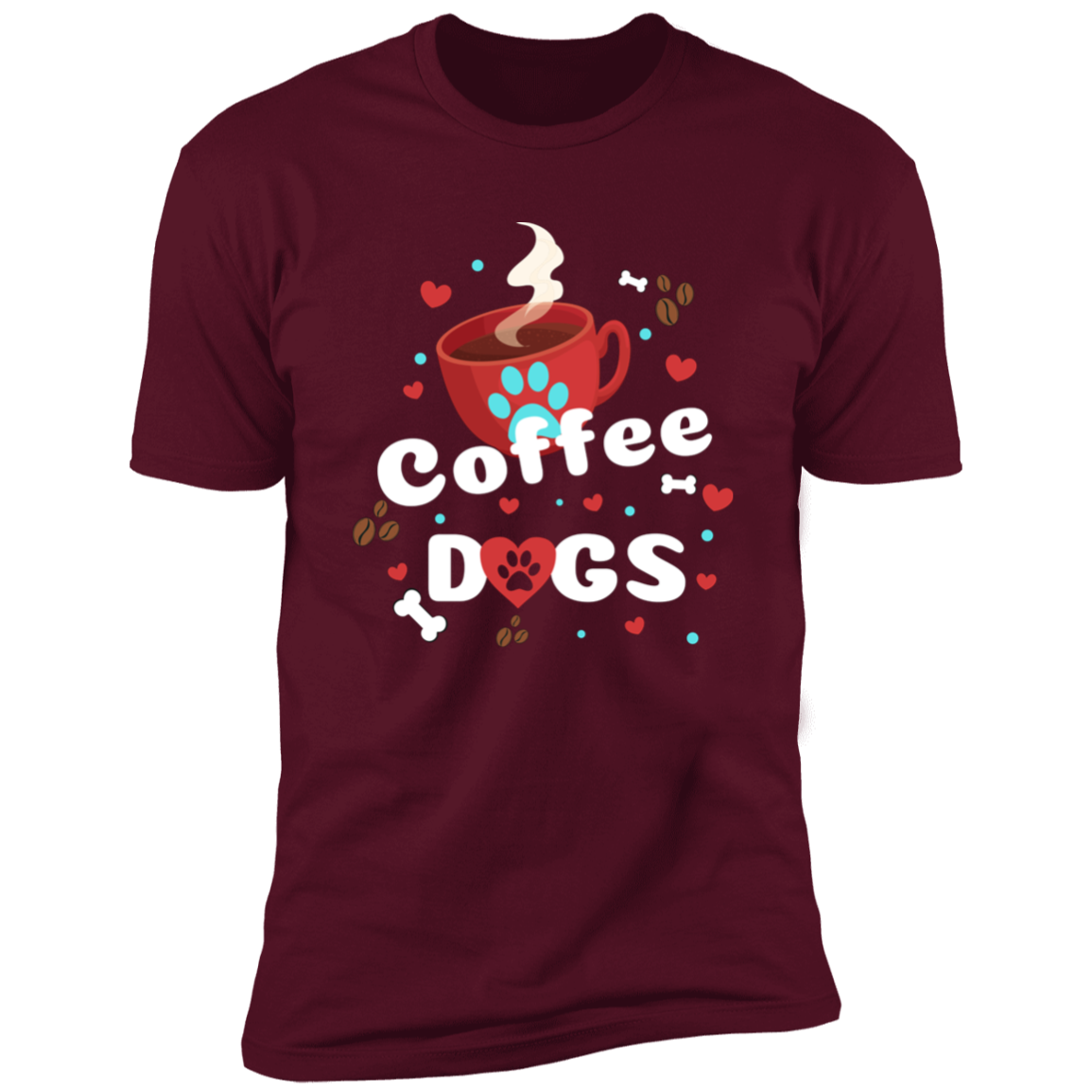 Coffee Dogs T-shirt, Dog Shirt for humans, in maroon