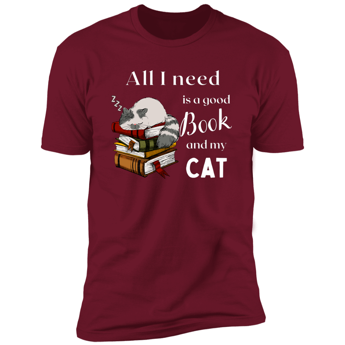 All I Need is a Good Book and My Cat t-shirt for humans, in cardinal red