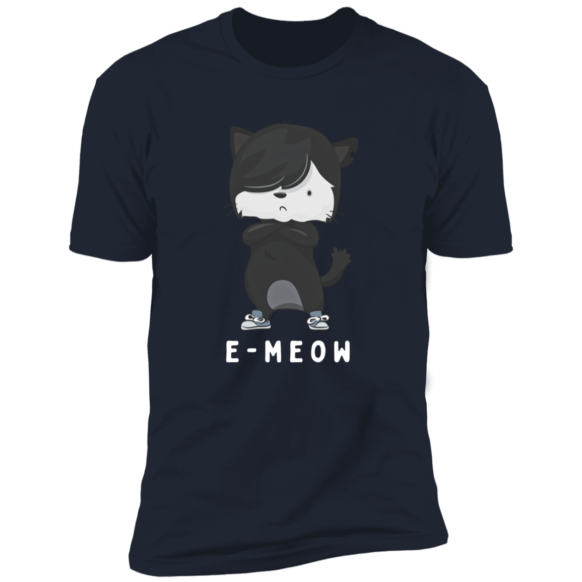 E-meow cat shirt, funny cat shirt for humans, cat mom and cat dad shirt, in navy blue