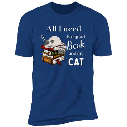 All I Need is a Good Book and My Cat t-shirt for humans, in royal blue