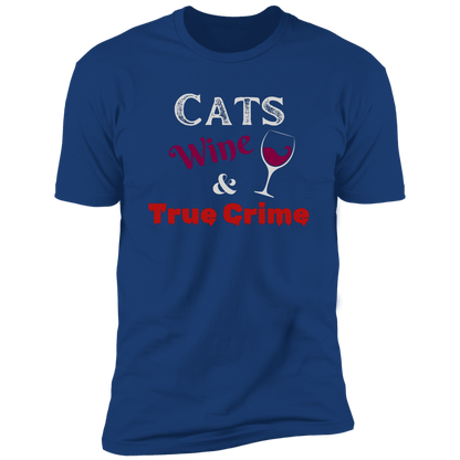 Cats Wine & True Crime T-shirt, Cat shirt for humans, funny cat shirt, in royal blue