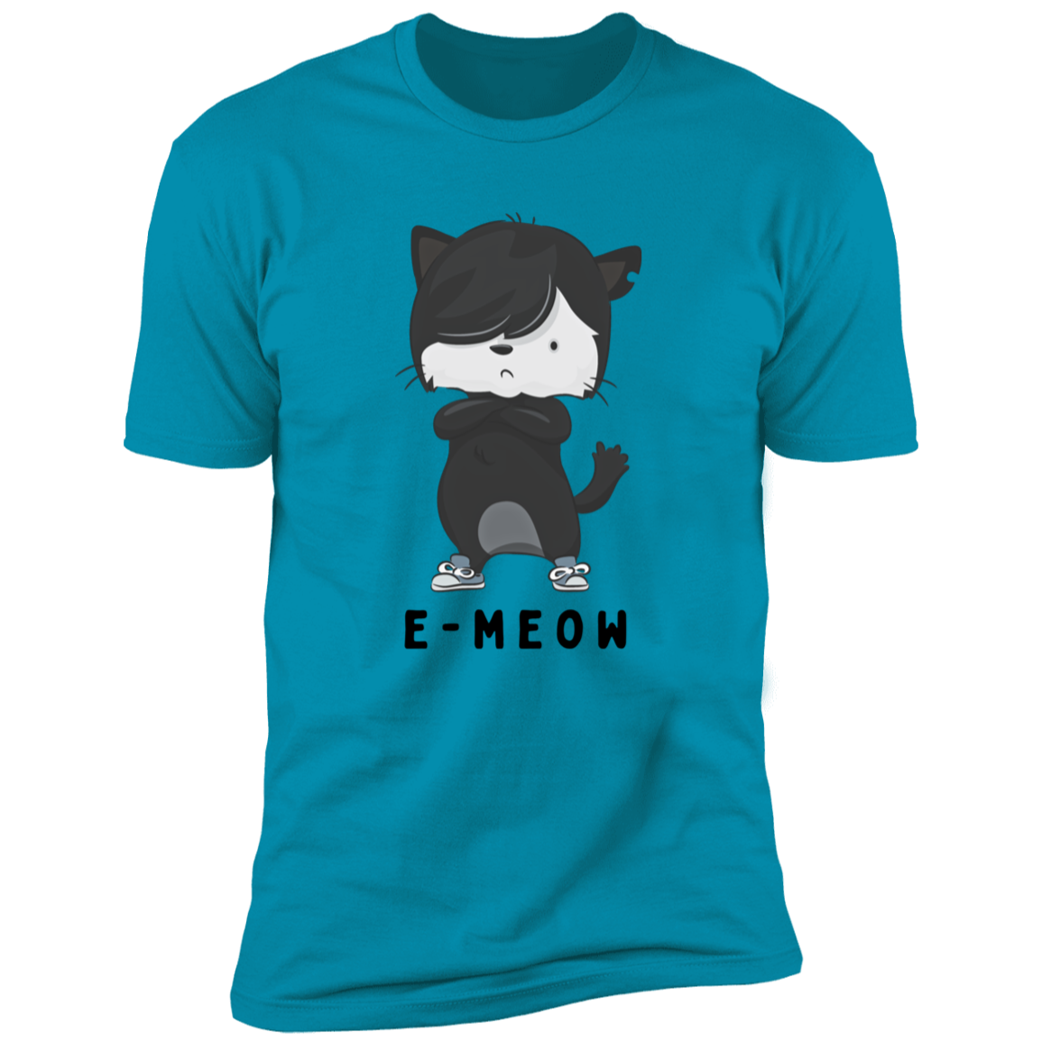 E-meow cat shirt, funny cat shirt for humans, cat mom and cat dad shirt, in turquoise