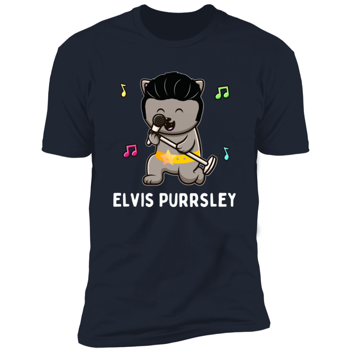 Elvis Purrsley cat Shirt, Funny cat shirt for humans, cat mom shirt, cat dad shirt, in navy blue
