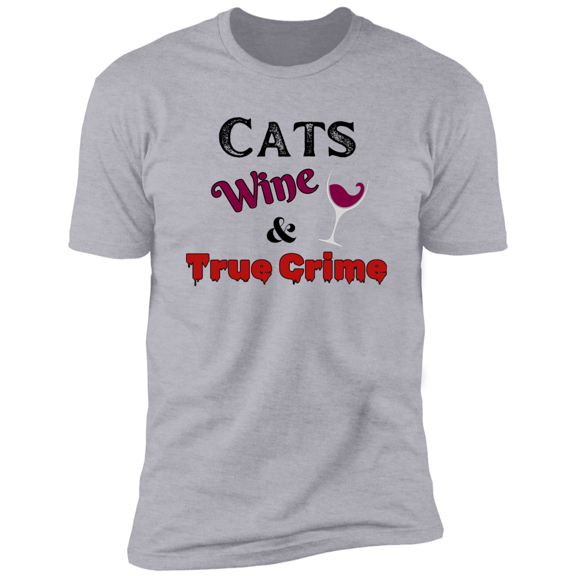 Cats Wine & True Crime T-shirt, Cat shirt for humans, funny cat shirt, in light heather gray