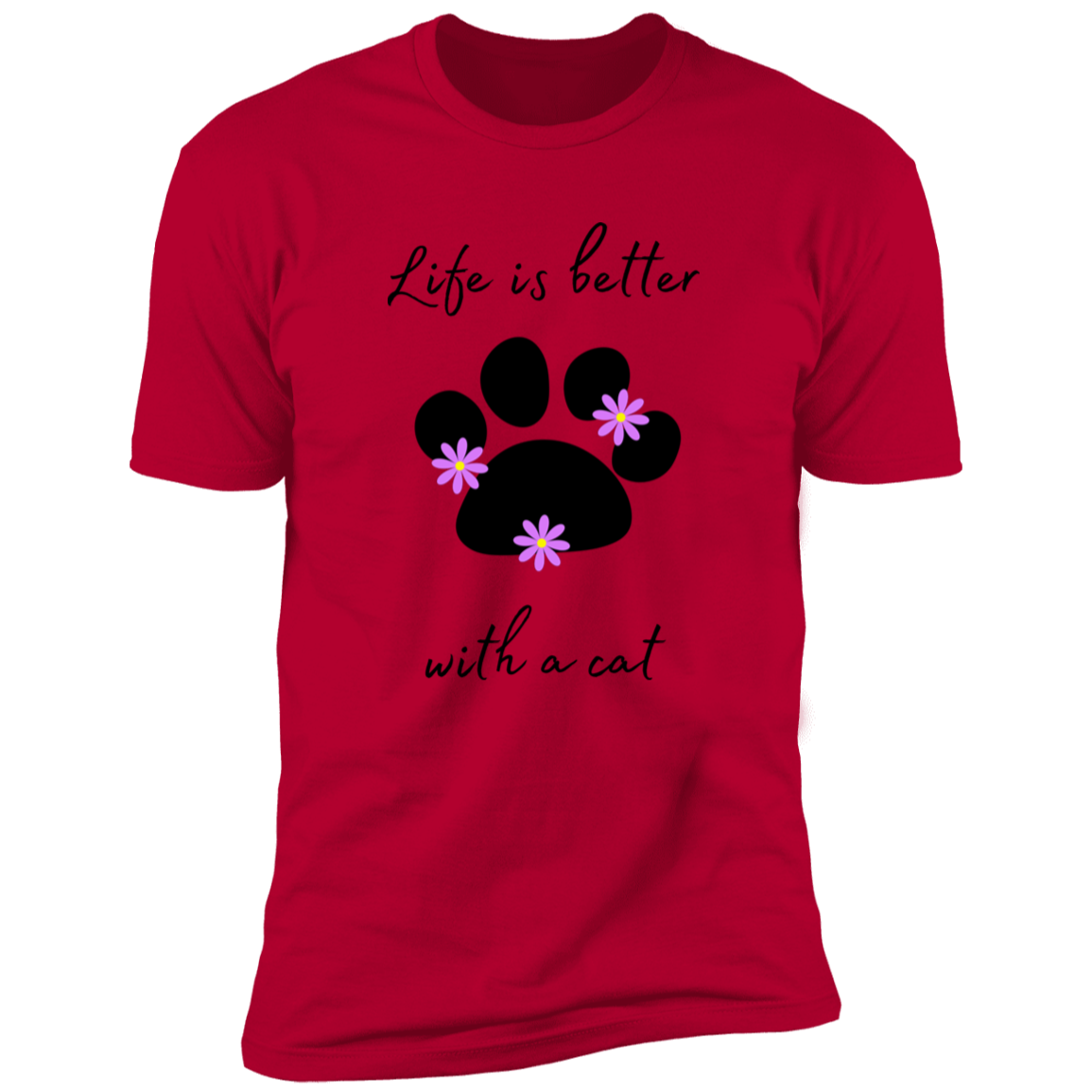 Life is Better with a Cat (Flower) cat t-shirt, cat shirt for humans, cat themed t-shirt, in red