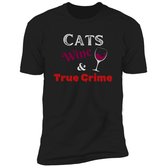 Cats Wine & True Crime T-shirt, Cat shirt for humans, funny cat shirt, in black 