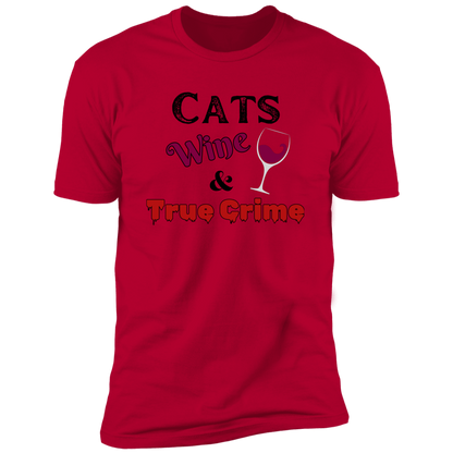 Cats Wine & True Crime T-shirt, Cat shirt for humans, funny cat shirt, in red