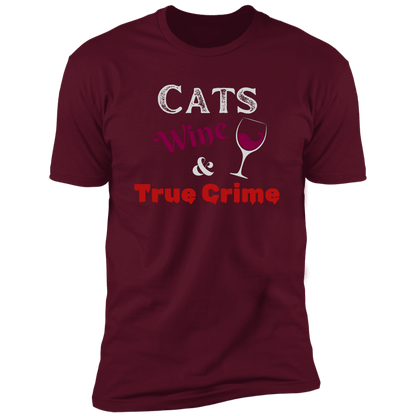 Cats Wine & True Crime T-shirt, Cat shirt for humans, funny cat shirt, in maroon