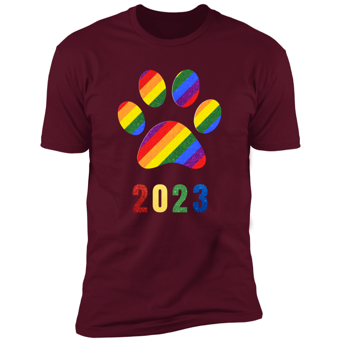 Pride Paw 2023 (Sparkles) Pride T-shirt, Paw Pride Dog Shirt for humans, in maroon