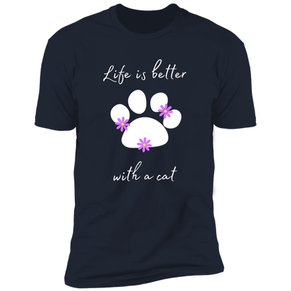 Life is Better with a Cat (Flower) cat t-shirt, cat shirt for humans, cat themed t-shirt, in navy blue