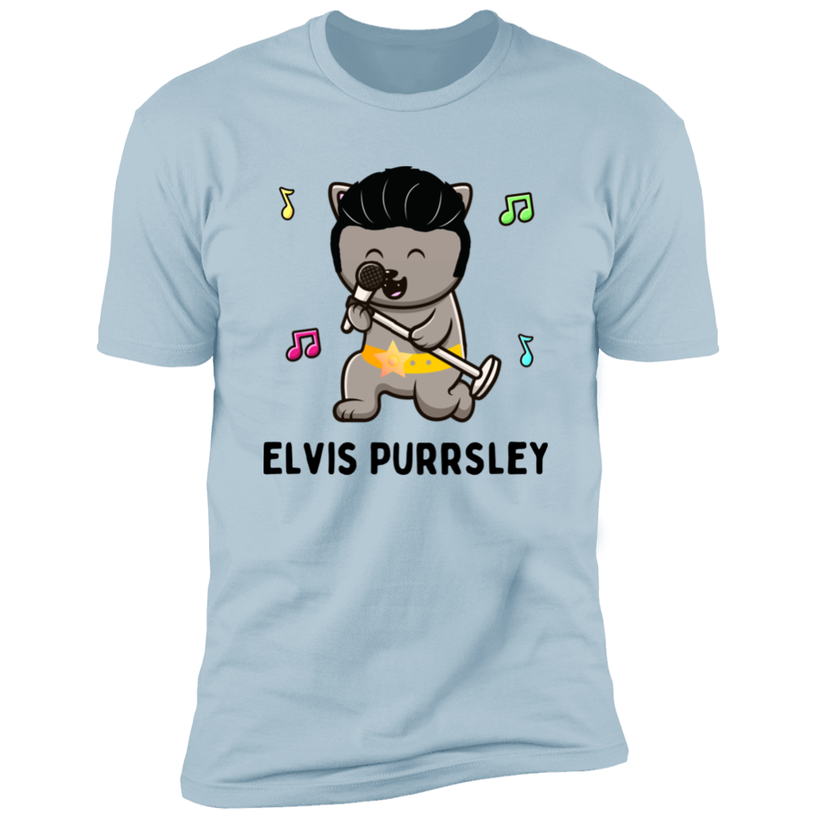 Elvis Purrsley cat Shirt, Funny cat shirt for humans, cat mom shirt, cat dad shirt, in light blue