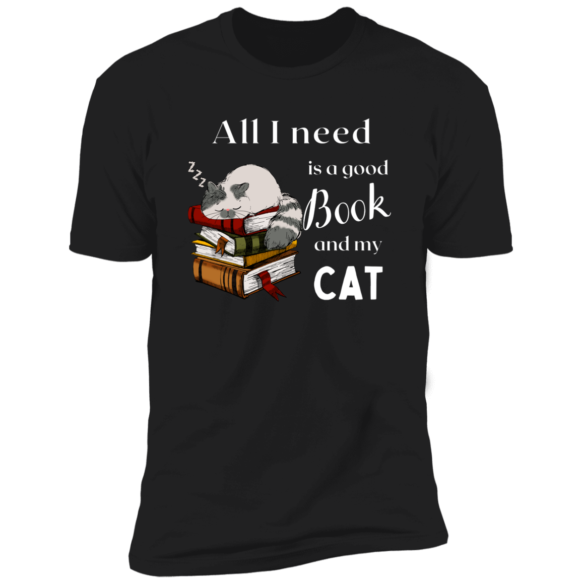 All I Need is a Good Book and My Cat t-shirt for humans, in navy blue