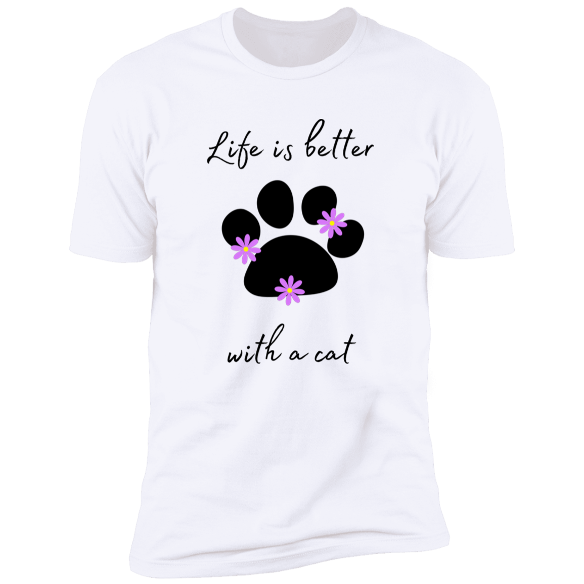 Life is Better with a Cat (Flower) cat t-shirt, cat shirt for humans, cat themed t-shirt, in white