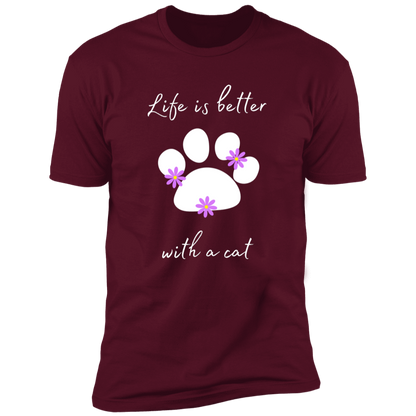 Life is Better with a Cat (Flower) cat t-shirt, cat shirt for humans, cat themed t-shirt, in maroon